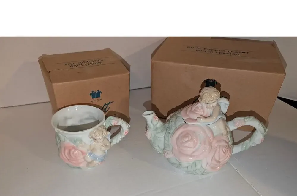 Vintage Beautiful AVON Cherub Angel Mug Roses Teapot Blue Pink Green